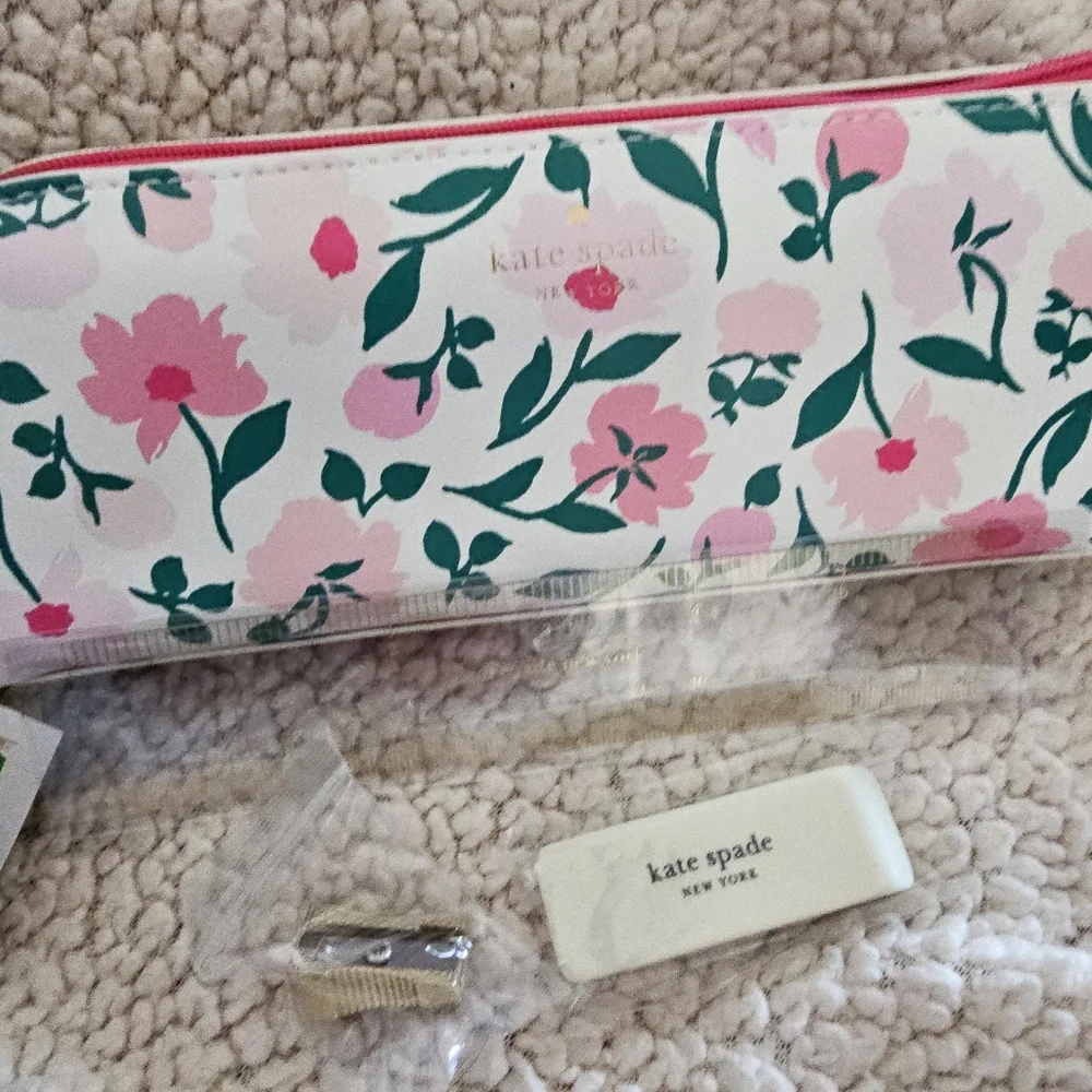 Kate Spade Pink Floral Stationary Set With Eraser Pencil Sharper And Ruler